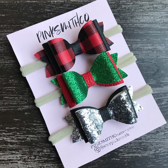 Buffalo Plaid Hair Bow Faux Leather Baby Bows Toddler Hair Bows Baby Girl Bows Newborn Headband Silver Glitter